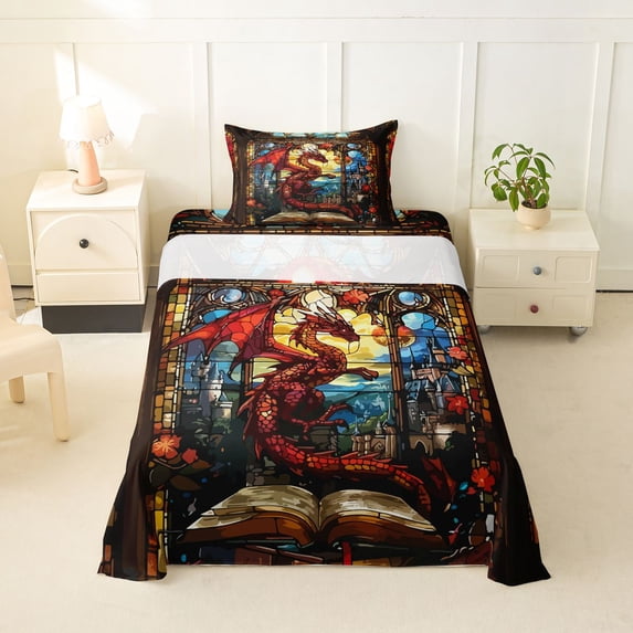 Feelyou Fairy Dragon Twin Sheet Sets for Kids Boys Girls, Castle Animal Bedding, Red Gold, 3 Pieces