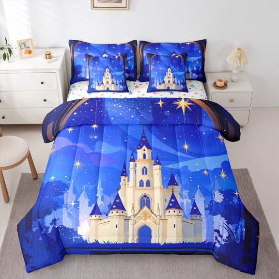 Feelyou Fairy Elf Castle Twin Bedding Sets 7pcs, Blue Cartoon Galaxy Bedding Comforter Set