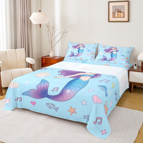 Feelyou Fairy Sea Mermaid Princess Bed Sheets for Kids Boys Girls, Music Note Starfish King Sheets, Blue, 4pcs