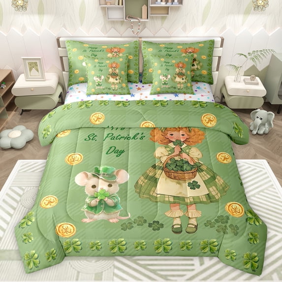 Feelyou Fairy Tale Girl Twin Bedding Sets 7-Piece, Happy St. Patrick's Day Bedding Comforter Set, Kawaii Shamrock Mouse Reversible Sheet Sets, Super Cozy Room Decor