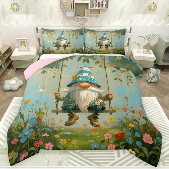 Feelyou Fairy Tale Gnome Bedding Comforter Set, Spring Flower Floral Twin Comforter Sets, Seasonal Spring Holiday Reversible Bedding Set, Lightweight Room Decor, 2-Piece