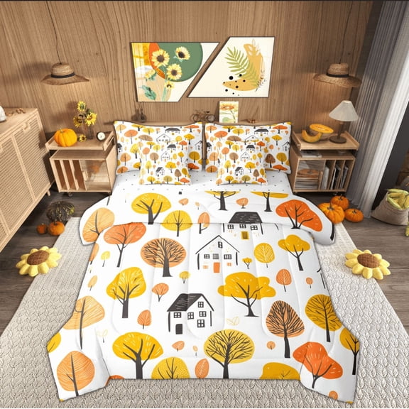 Feelyou Fall Autumn Adult Bedding Comforter Set 7pcs, Orange Maple Tree Queen Bedding Sets, Rustic Cabin House Reversible Queen Sheet Sets, Lightweight Room Decor