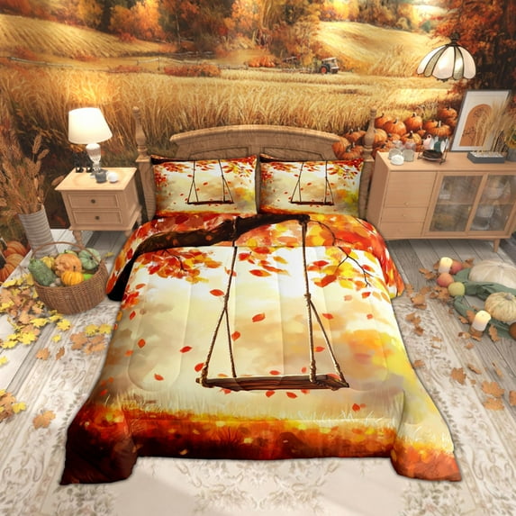 Feelyou Fall Autumn Adult Bedding Comforter Set, Orange Maple Leaf Twin Comforter Sets, Happy Harvest Bedding Set, Microfiber Bedroom Decor,2 Pieces