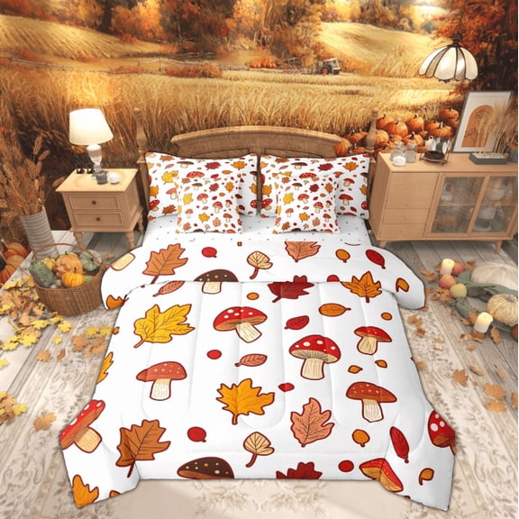Feelyou Fall Autumn Kids Bedding Comforter Set 7pcs, Orange Maple Leaf Queen Bedding Sets, Red Cartoon Mushroom Reversible Queen Sheet Sets, Luxury Bedroom Decor