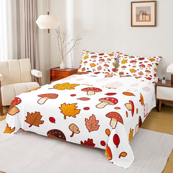 Feelyou Fall Autumn Kids Queen Sheet Sets, Orange Maple Leaf Flat Sheet, Red Cartoon Mushroom Queen Fitted Sheet, Luxury Bedroom Decor,4 Pieces