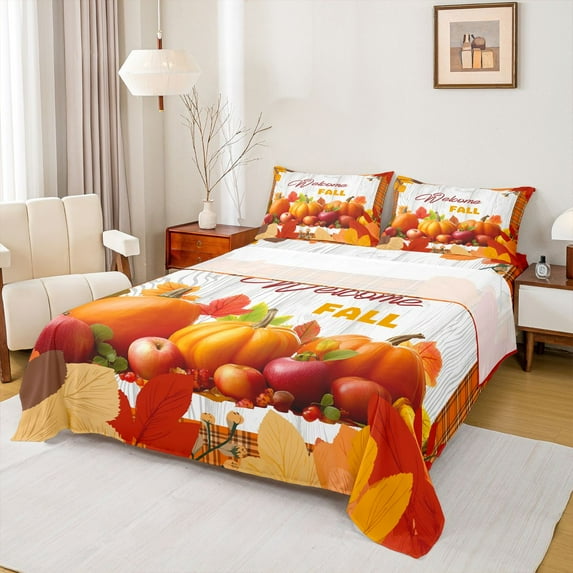 Feelyou Fall Autumn Pumpkin Queen Sheet Sets, Marple Leaves Plant Bed Set, 4pcs