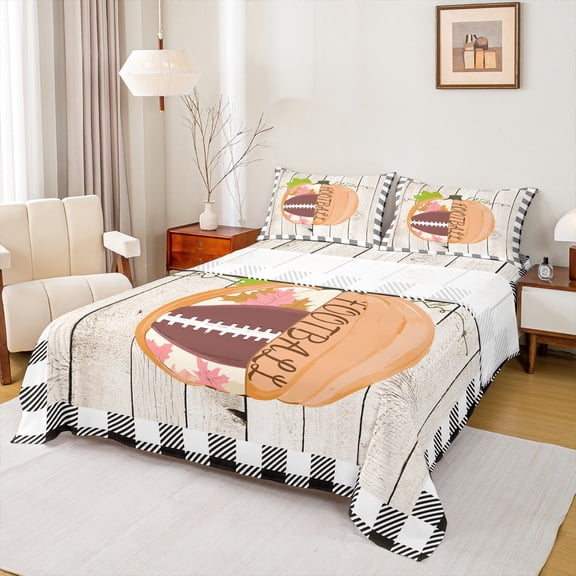 Feelyou Fall Orange Pumpkin Bed Sheets for Kid, Cartoon Football Rugby King Sheets, Rustic Buffalo Plaid Sheet Set, Luxury Bedroom Decor, 4pcs