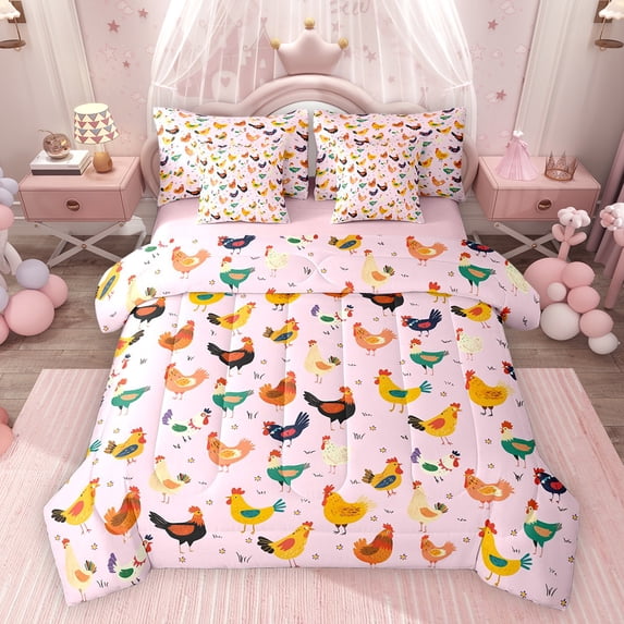 Feelyou Farm Rooster Teens Bedding Comforter Set 7pcs, Rustic Chinken King Bedding Sets