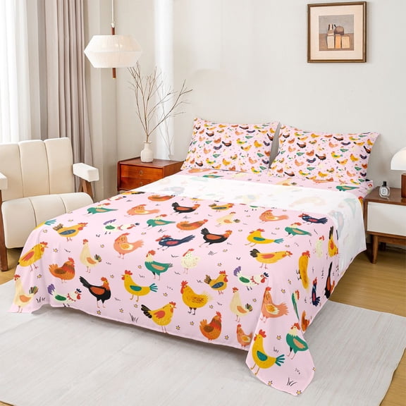 Feelyou Farm Rooster Teens Queen Sheet Sets, Rustic Chinken Bed Set, 4pcs