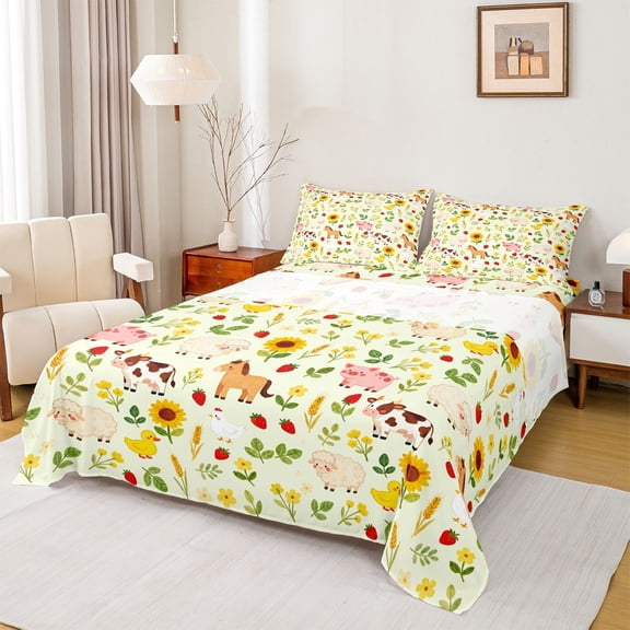 Feelyou Farm Sheep Animal Bed Sheets, Sunflower Plant Kids King Sheets, 4 Pieces