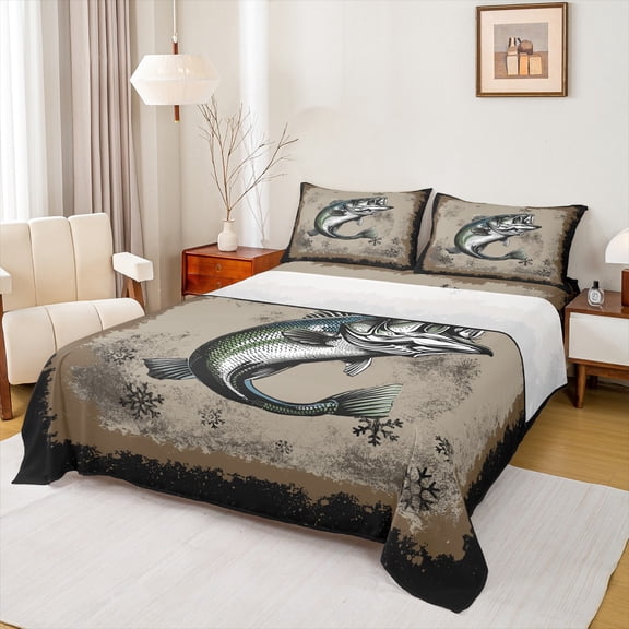 Feelyou Farmhouse Bass Fish Bed Sheets, Western Hunting and Fishing King Sheets, Christmas Snowflake Sheet Set, Luxury Bedroom Decor, 4 Pieces