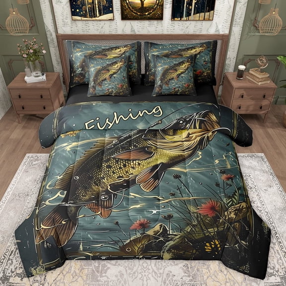Feelyou Farmhouse Bass Fish Bedding Comforter Set 7 Pieces, Rustic Fishing Animal Full Bedding Set, Vintage Lodge Cabin Reversible Fitted Sheet Flat Sheet, Luxury Bedroom Decor