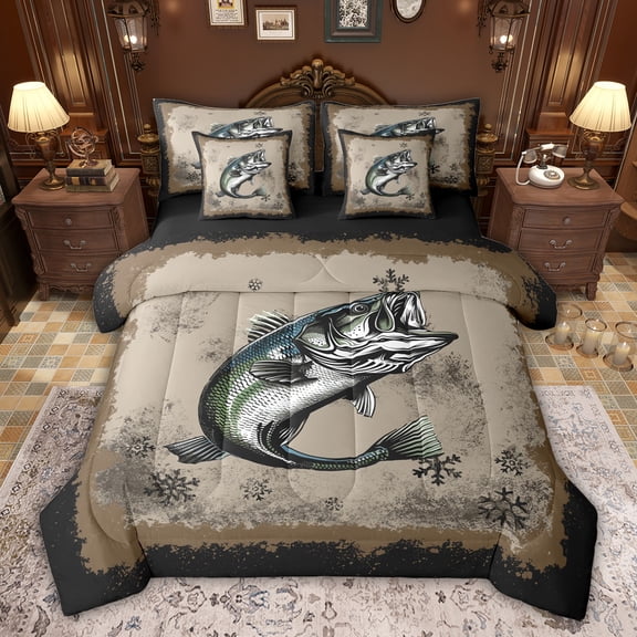 Feelyou Farmhouse Bass Fish Bedding Comforter Set 7pcs, Western Hunting and Fishing King Bedding Sets, Christmas Snowflake Reversible Bed Sheets, Luxury Bedroom Decor