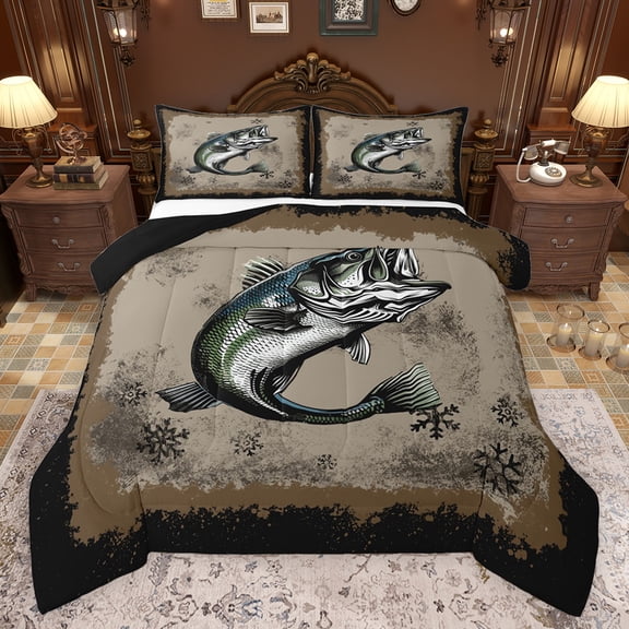 Feelyou Bass Fish Bedding Comforter Set, Hunting and Fishing Twin Comforter Sets, 2pcs