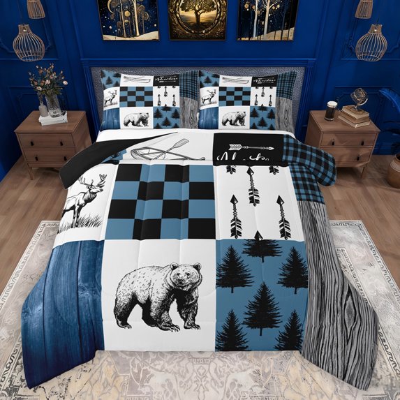 Feelyou Farmhouse Bear Animal Full Size Comforter Sets, Blue Check Patchwork Bedding Comforter Set, Jungle Pine Tree Plant Reversible Bedding Sets, Lightweight Room Decor, 3 Pieces