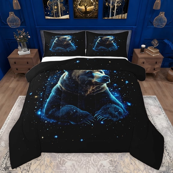 Feelyou Farmhouse Bear Animal Queen Comforter Set, Dreamy Bling Stars Galaxy Bedding Sets, Teens Kids Boys Girls Reversible Bedding Comforter Set, Super Cozy Room Decor, 3-Piece