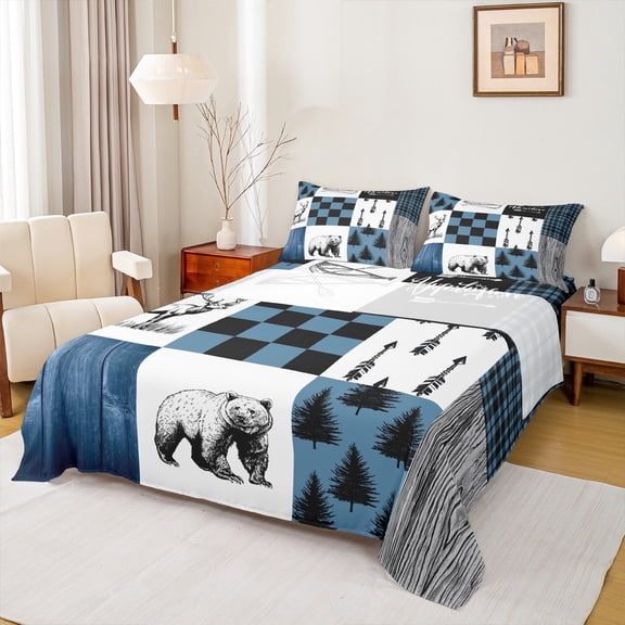 Feelyou Farmhouse Bear Animal Queen Sheet Sets, Blue Check Patchwork Flat Sheet, Jungle Pine Tree Plant Queen Fitted Sheet, Lightweight Room Decor, 4 Pieces