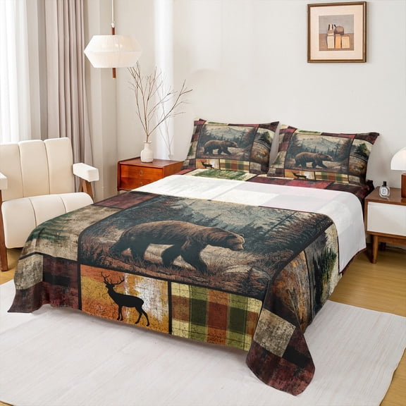 Feelyou Farmhouse Bear Men Queen Sheet Sets, Reindeer Moose Elk Flat Sheet, Vintage Western Patchwork Queen Fitted Sheet, Super Cozy Room Decor, 4 Pieces
