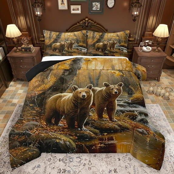 Feelyou Farmhouse Bear Print Bedding Comforter Set, Jungle Tree Plant Twin Comforter Sets, Woodland Wildlife Reversible Bedding Set, Luxury Bedroom Decor, 2 Pieces