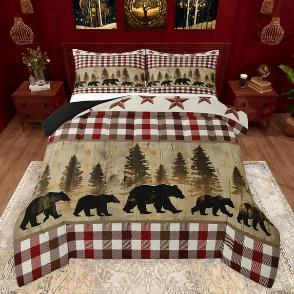 Feelyou Farmhouse Bear Print Queen Comforter Set for Teen, Vintage Red Buffalo Bedding Sets, Hippie Texas Stars Reversible Bedding Comforter Set, Ultra Soft Bedroom Decor, 3 Pieces