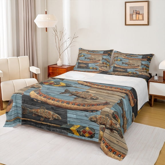 Feelyou Farmhouse Boating Bed Sheets, Fishing Pike Fish King Sheets, Vintage Western Cabin Sheet Set, Ultra Soft Bedroom Decor, 4pcs
