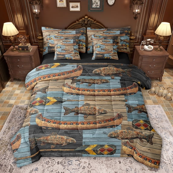 Feelyou Farmhouse Boating Bedding Comforter Set 7 Pieces, Fishing Pike Fish Full Bedding Set, Vintage Western Cabin Reversible Fitted Sheet Flat Sheet, Ultra Soft Bedroom Decor