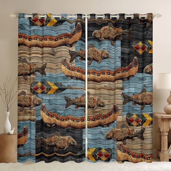 Feelyou Farmhouse Boating Black Out Curtains, Fishing Pike Fish Curtains Pack of 2 (42x63 Each), Vintage Western Cabin Bedroom Curtains, Living Room Curtains Decor