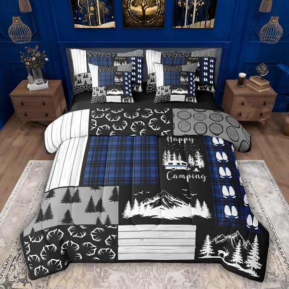 Feelyou Farmhouse Camping Adult Twin Bedding Sets 7pcs, Blue Plaid Bedding Comforter Set