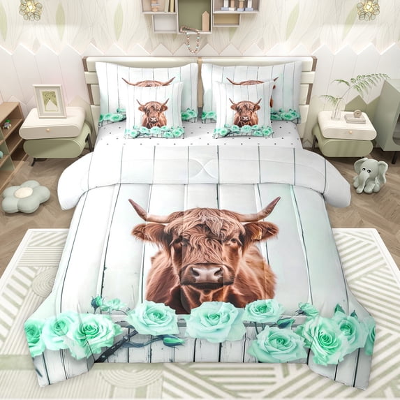 Feelyou Farmhouse Cow Animal Bedding Comforter Set 7 Pieces, Valentines Day Rose Full Bedding Set, Green Flower Floral Reversible Fitted Sheet Flat Sheet, Super Cozy Room Decor