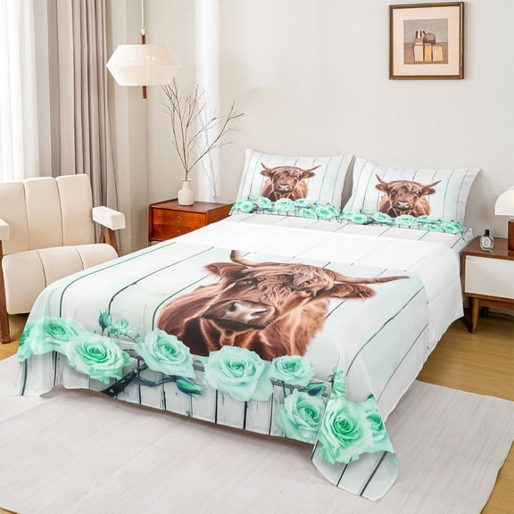 Feelyou Farmhouse Cow Animal Twin Sheet Sets, Valentines Day Rose Twin Fitted Sheet, Green Flower Floral Flat Sheet, Super Cozy Room Decor, 3-Piece