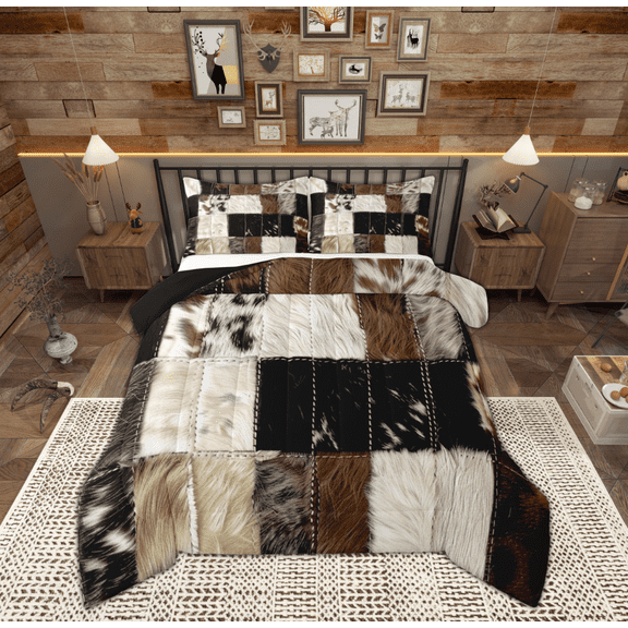 Feelyou Farmhouse Cow Print Bedding Comforter Set, Chic Buffalo Plaid Twin Comforter Sets, Vintage Rustic Patchwork Reversible Bedding Set, Lightweight Room Decor, 2 Pieces