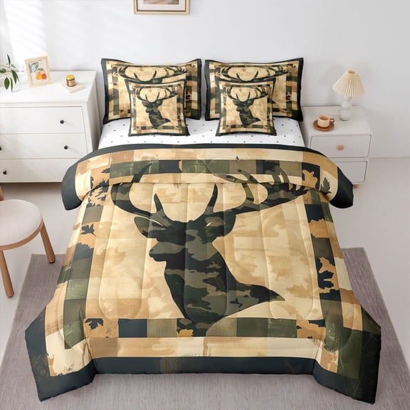 Feelyou Farmhouse Deer Adult Twin Bedding Sets 7pcs, Vintage Buffalo Bedding Comforter Set