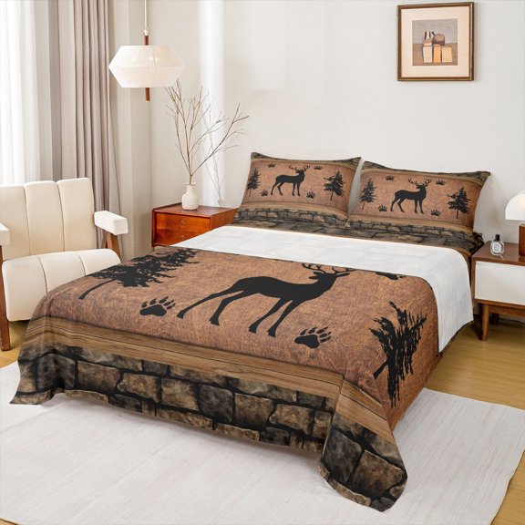 Feelyou Farmhouse Deer Animal Bed Sheets, Retro Countryside King Sheets, 4-Piece