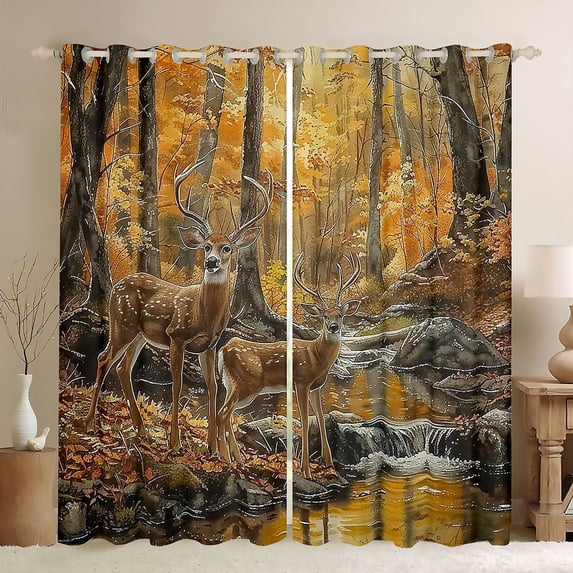 Feelyou Farmhouse Deer Elk Black Out Curtains, Woodland Wildlife Curtains Pack of 2 (42x63 Each), Jungle Tree Lake Bedroom Curtains, Window Curtains Decor