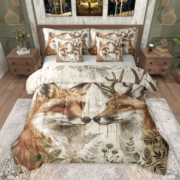 Feelyou Farmhouse Deer Fox Bedding Comforter Set 7pcs, Rustic Jungle Wildlife King Bedding Sets, Leaf Branches Plant Reversible Bed Sheets, Luxury Bedroom Decor