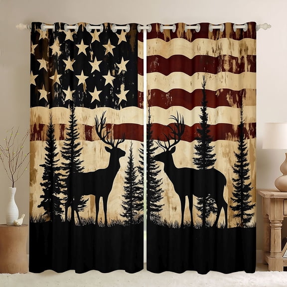 Feelyou Farmhouse Deer Print Black Out Curtains, Pine Tree Botanical Curtains Pack of 2 (42x63 Each), American Flag Print Bedroom Curtains, Blackout Curtains Bedroom Decor
