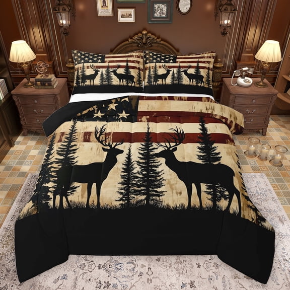 Feelyou Farmhouse Deer Print Full Size Comforter Sets, Pine Tree Botanical Bedding Comforter Set, American Flag Print Reversible Bedding Sets, Luxury Bedroom Decor, 3-Piece