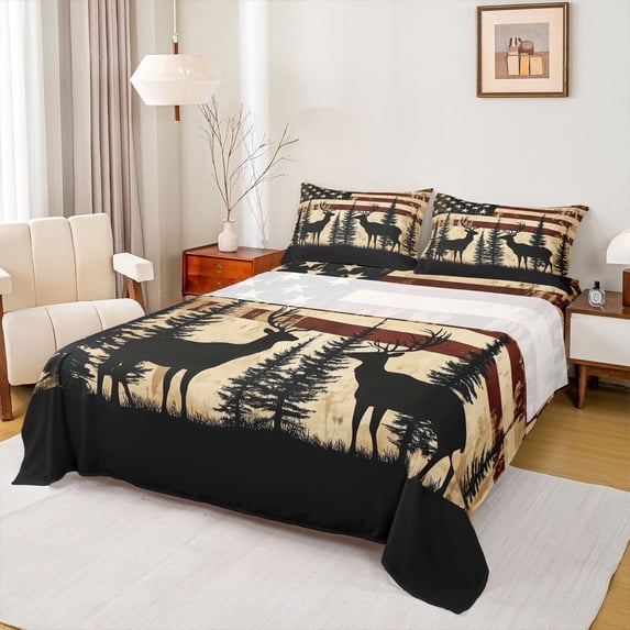 Feelyou Farmhouse Deer Print Queen Sheet Sets, Pine Tree Botanical Flat Sheet, American Flag Print Queen Fitted Sheet, Luxury Bedroom Decor, 4-Piece