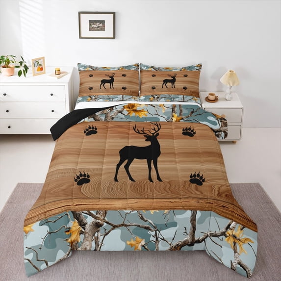 Feelyou Farmhouse Deer Queen Comforter Set, Camouflage Bedding Comforter Set, 3pcs