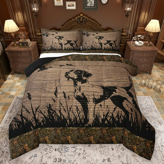 Feelyou Farmhouse Dog Animal Bedding Comforter Set, Vintage Lodge Cabin Twin Comforter Sets, Rustic Hunting Theme Reversible Bedding Set, Lightweight Room Decor, 2pcs
