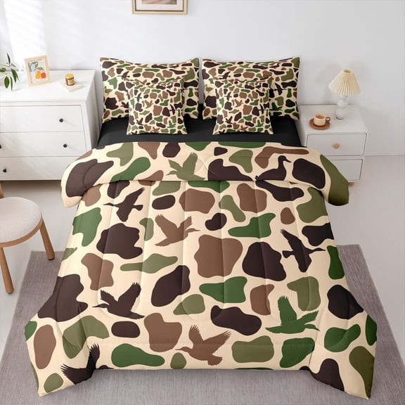 Feelyou Farmhouse Duck Bedding Comforter Set 7pcs, Brown Camo Camouflage King Bedding Sets