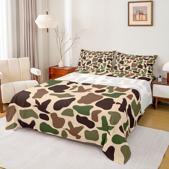 Feelyou Farmhouse Duck Teen Twin Sheet Sets, Brown Camo Camouflage Bedding, 3pcs