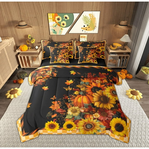Feelyou Farmhouse Fall Sunflower Bedding Comforter Set 7pcs, Pumpkin Leaf Butterfly Queen Bedding Sets, Teen Child Kid Reversible Queen Sheet Sets, Microfiber Bedroom Decor