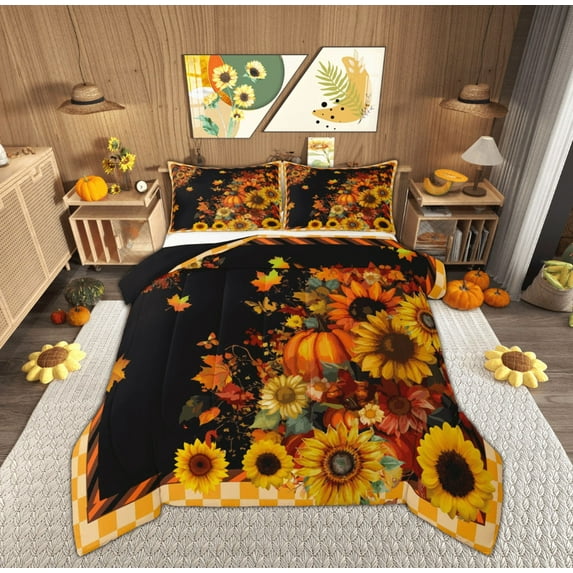 Feelyou Farmhouse Fall Sunflower Queen Comforter Set, Pumpkin Leaf Butterfly Bedding Sets, Teen Child Kid Reversible Bedding Comforter Set, Microfiber Bedroom Decor, 3pcs