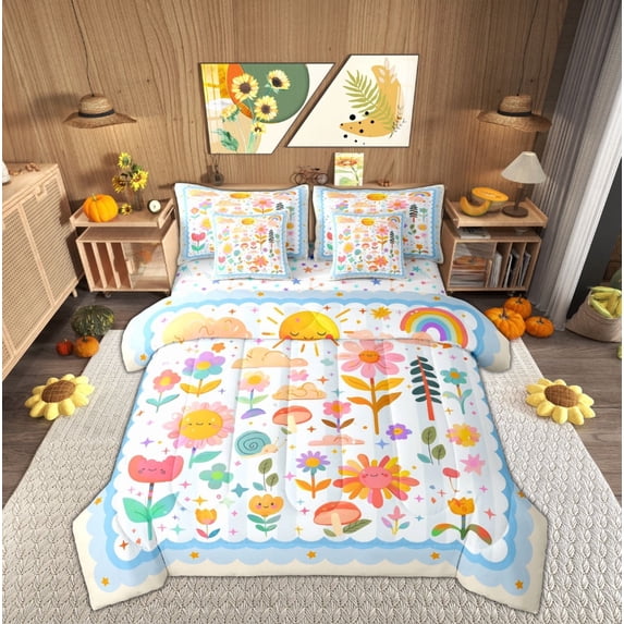 Feelyou Farmhouse Flower Floral Twin Bedding Sets 7-Piece, Cartoon Rainbow Bedding Comforter Set, Blue Stripes Geometric Reversible Sheet Sets, Super Cozy Room Decor