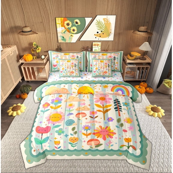 Feelyou Farmhouse Flower Floral Twin Bedding Sets 7-Piece, Cartoon Rainbow Bedding Comforter Set, Green Stripes Geometric Reversible Sheet Sets, Lightweight Room Decor