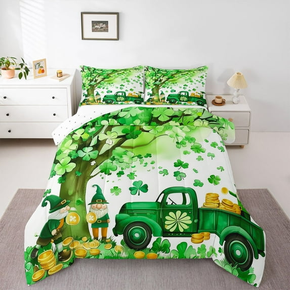 Feelyou Farmhouse Gnome Full Size Comforter Sets, Shamrock Truck Day Bedding Sets, 3pcs