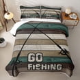 thumbnail image 1 of Feelyou Farmhouse Go Fishing Quilt King for Men Adults, Retro Lake Rustic Wood Plank King Coverlet Set, Brown Green, 3 Pieces, 1 of 7