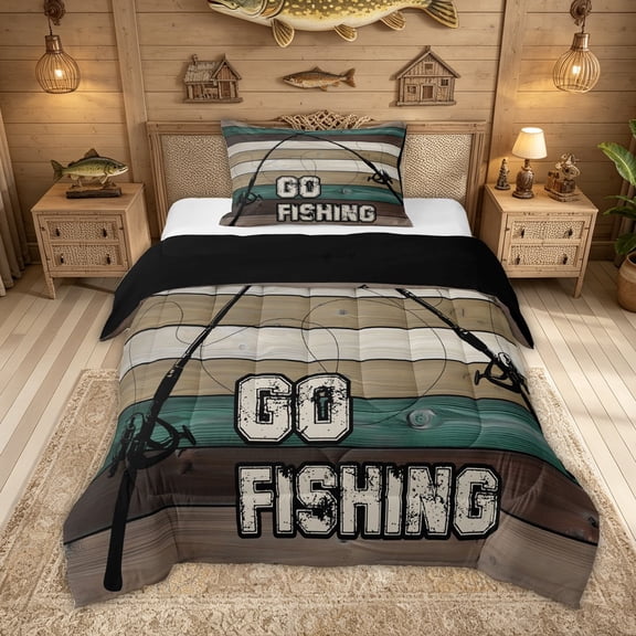 Feelyou Farmhouse Go Fishing Twin Comforter Sets for Men Adults, Retro Lake Rustic Wood Plank Bedding Set, Brown Green, Black Reversible, 2 Pieces