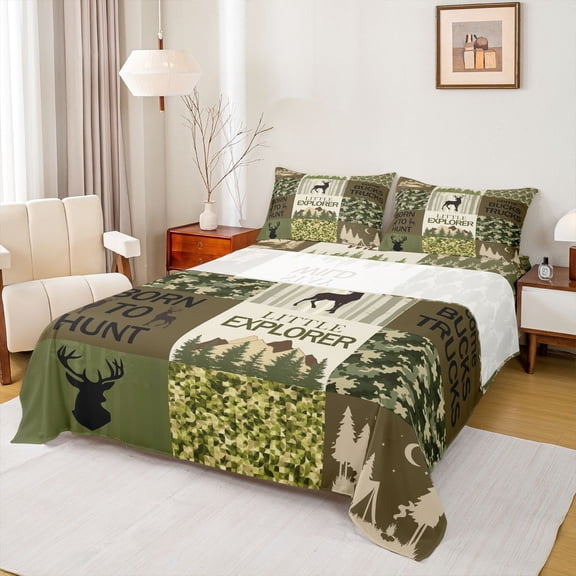 Feelyou Farmhouse Hunting Men Twin Sheet Sets, Green Camouflage Abstract Twin Fitted Sheet, Deer Animal Flat Sheet, Breathable Home Decor, 3 Pieces